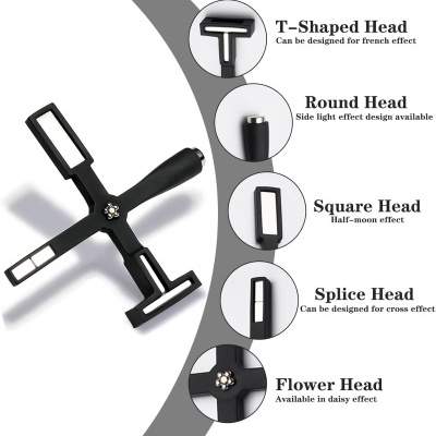 Foto de acessório preto com cinco cabeças diferentes e textos explicativos em inglês