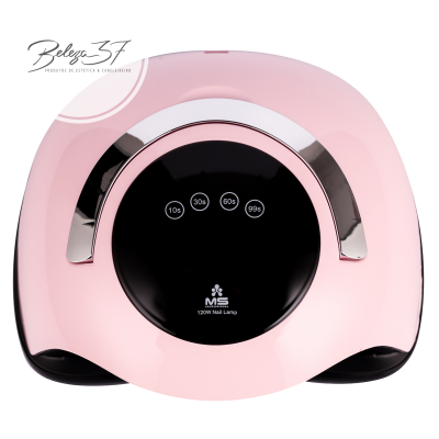 Lâmpada de unhas LED rosa com painel preto e botões de temporizador