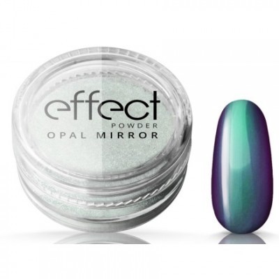 Pó para unhas Effect OPAL MIRROR num frasco transparente com amostra de unha verde e roxa espelhada