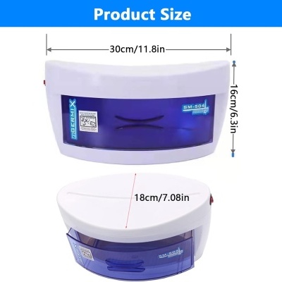 Esterilizador UV semicircular branco e azul com texto 'DOCK RANK' e dimensões indicadas