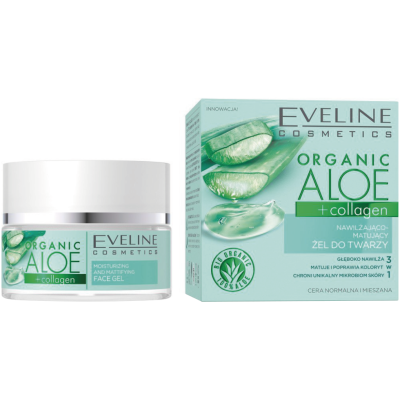Creme hidratante Eveline Organic Aloe+collagen com caixa e frasco branco e verde