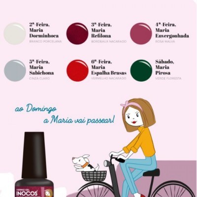 Cartaz promocional com várias cores de verniz gel INOCOS e ilustração de mulher a andar de bicicleta com cão