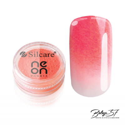 Pó de unhas coral Silcare neon powder e amostra de unha degradé rosa e branco
