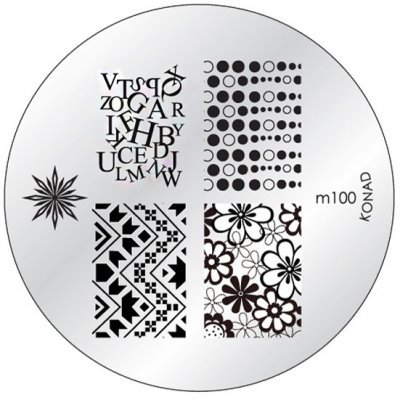 Disco de estampagem de unhas redondo com quatro padrões distintos e texto m100 KONAD