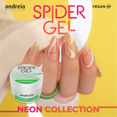 Pote branco de Spider Gel 10 Neon Green e mão com unhas decoradas com linhas neon em fundo amarelo