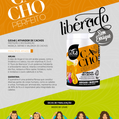 Embalagem do ativador de cachos Meu Cacho Perfeito, com design laranja, preto e branco e texto explicativo