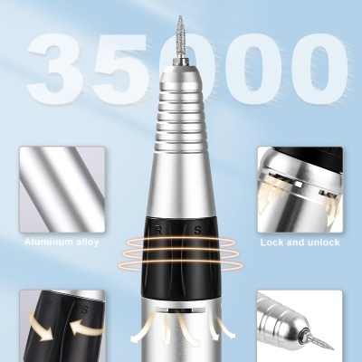 Ferramenta profissional para unhas em liga de alumínio prateada com texto 'Professional Nail Drill 35000'