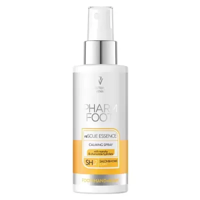 Frasco branco com spray prata do produto PHARMA FOOT reSCUE ESSENCE CALMING SPRAY