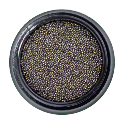 Recipiente redondo preto com pequenas esferas pretas e douradas