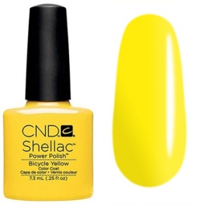 Verniz Shellac CND amarelo Bicycle Yellow com tampa preta e amostra da cor.