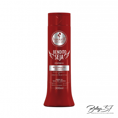 Frasco vermelho de champô Haskell Bendito Seja 300ml com texto e detalhes em branco.