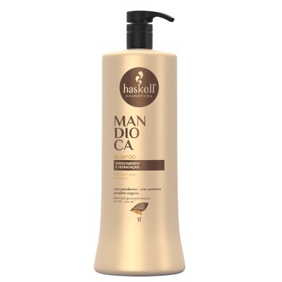 Frasco bege de shampoo Haskell MandioCA com doseador preto