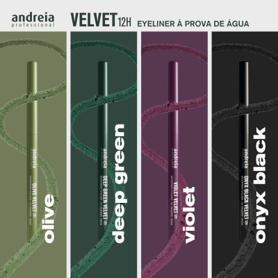 Eyeliner à prova de água VELVET 12H em quatro cores: olive, deep green, violet e onyx black da marca andreia professional