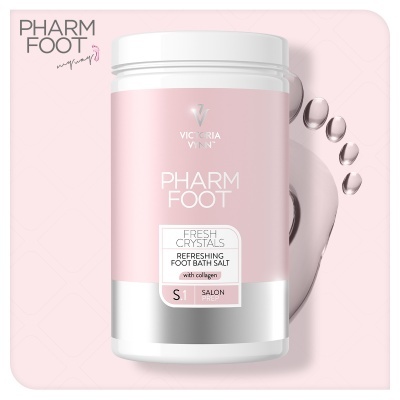 Frasco de sais de banho para os pés Pharm Foot com rótulo rosa e branco