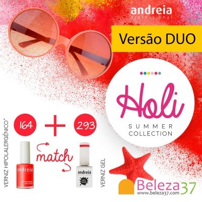 Conjunto de vernizes Andreia com óculos de sol e texto promocional.