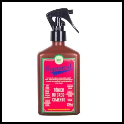 Frasco castanho com pulverizador preto e rótulo rosa e verde de tónico capilar Rapunzel