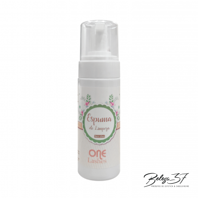 Frasco branco de espuma de limpeza One Lashes com tampa transparente e rótulo floral