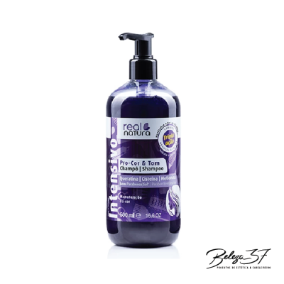 Frasco de champô roxo com doseador e rótulo real natura