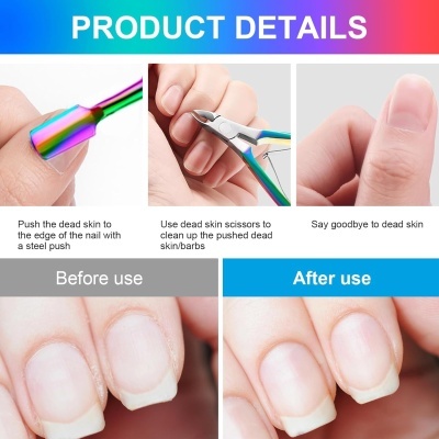Cuidados com cutículas das unhas usando ferramentas metálicas coloridas, antes e depois da aplicação.