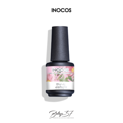 Frasco de verniz de unhas INOCOS com rótulo floral e texto Flor de estufa