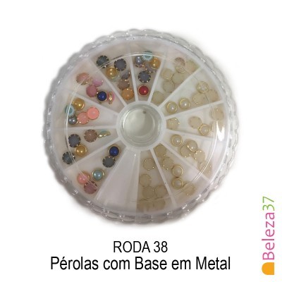 Roda plástica com pérolas coloridas de base metálica e texto promocional