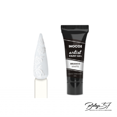 Tubo de tinta artística preta com amostra de cor branca texturada com rosas