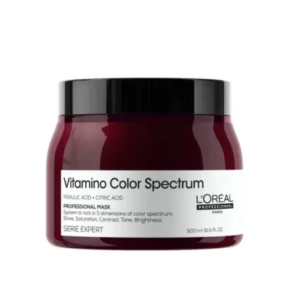 Frasco vermelho escuro com tampa preta de máscara capilar Vitamino Color Spectrum da L'Oréal