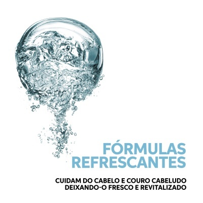 Bolha de água grande e texto promocional sobre fórmulas refrescantes