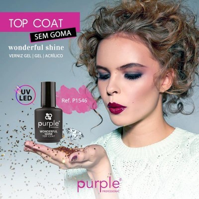 Verniz gel Purple Top Coat Sem Goma com mulher maquilhada ao fundo