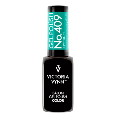 Frasco de verniz gel para unhas preto VICTORIA VYNN com tampa e rótulo azul e branco
