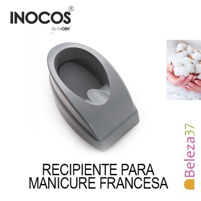 Recipiente cinza para manicure francesa em fundo branco com texto e logótipos