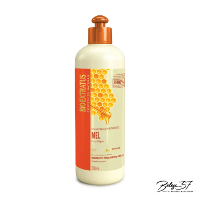 Frasco branco com tampa laranja e rótulo com desenho de favo de mel