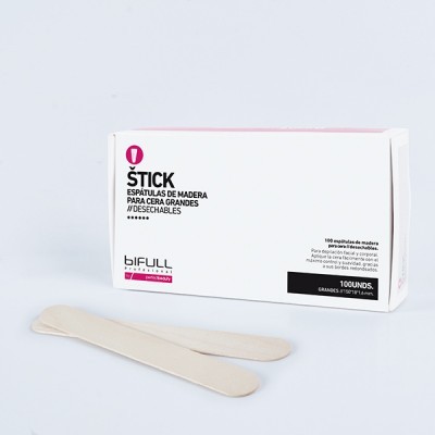 Caixa branca de espátulas descartáveis de madeira para cera grandes com duas espátulas à frente