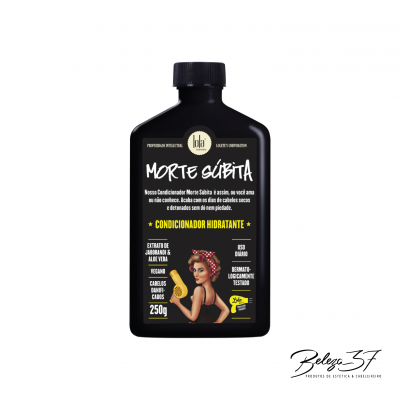 Frasco preto de condicionador hidratante Morte Súbita da Lola com texto branco e amarelo