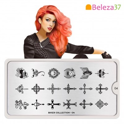 Placa de carimbos de unhas metálica da coleção Biker Collection 04 com desenhos pretos variados e mulher com cabelo rosa