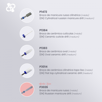 Imagem de cinco brocas de manicure com descrições e códigos em português e inglês