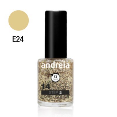 frasco de esmalte de unhas Andreia E24 com capa preta e partículas douradas