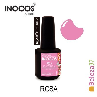Frasco de verniz gel INOCOS cor rosa elétrica com amostra da cor