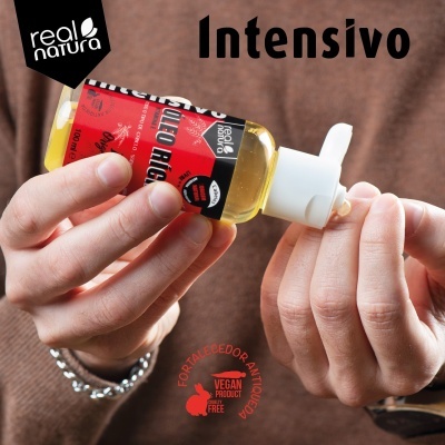 Frasco de produto líquido real natura com etiqueta vermelha e texto Intensivo