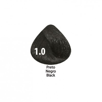 Amostra de cor de cabelo preto com número 1.0 e texto Preto Negro Black
