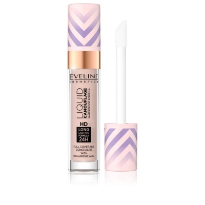 Concealer líquido Eveline Cosmetics com tampa rosa e padrão roxo e aplicador esponjoso branco