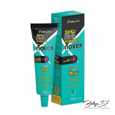 Creme para cabelo Novex Santo Black Poderoso em tubo e caixa azul turquesa e preto