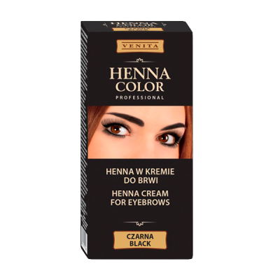 Caixa preta do creme para sobrancelhas Venita Henna Color Professional preta com imagem de rosto