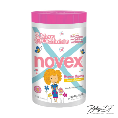 Pote de máscara capilar Novex Meus Cachinhos com tampa rosa e ilustração colorida