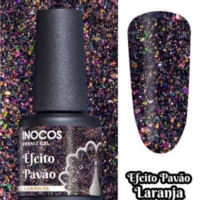 Verniz gel INOCOS Efeito Pavão Laranja com brilhos multicoloridos
