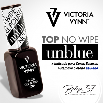 Frasco de verniz gel preto da Victoria Vynn com texto promocional em português