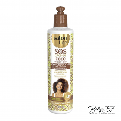 Frasco do ativador de caracóis Salon Line SOS Cachos Coco branco com tampa castanha e texto promocional.