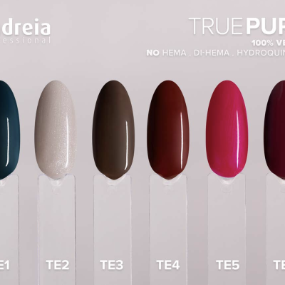 Seis amostras de verniz de unhas coloridas da marca andreia professional com texto TRUE PURE 100% VEGAN