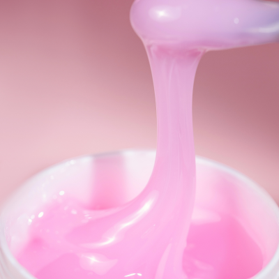 Gel cor-de-rosa translúcido a ser retirado de um frasco branco com espátula cor-de-rosa