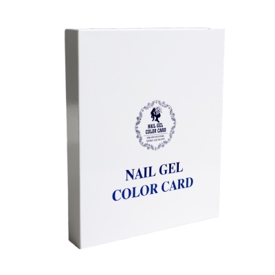 Caixa branca de amostras NAIL GEL COLOR CARD com texto azul e preto